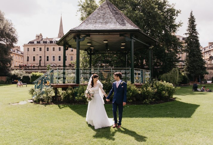 Wedding couple in front of Bandstand, Parade Gardens, Siobhan Amy Photography